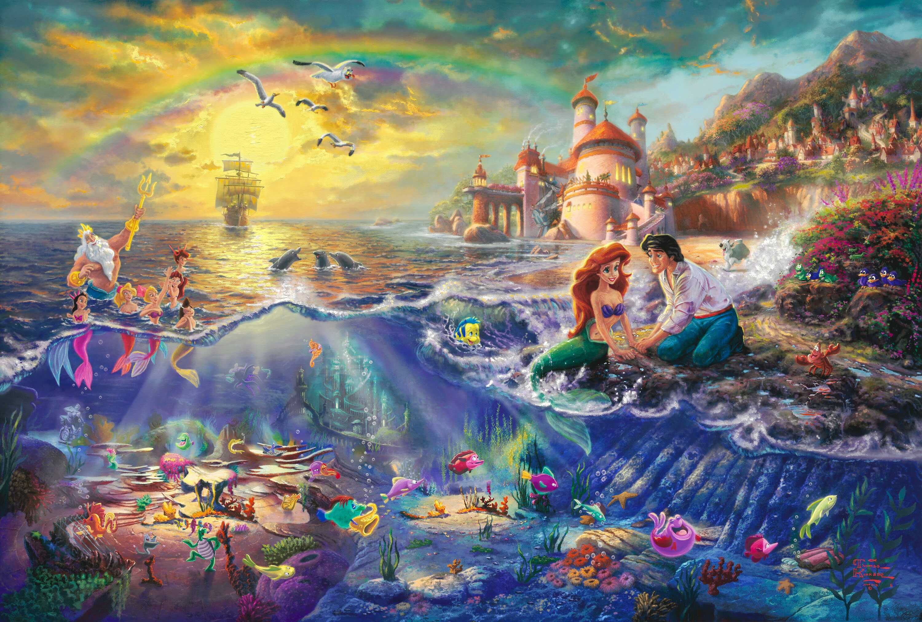3000x2024 the, Little, Mermaid, Thomas, Kinkade, Painting, Disney, Princess, Ariel, Neptune, Prince, Eric, Lock, Sail, Bow, Cartoon Wallpaper HD / Desktop and Mobile Background