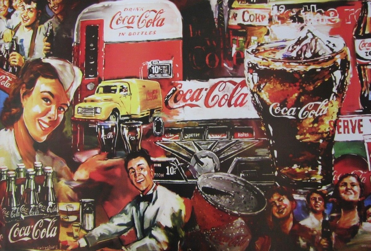 1200x813 COCA COLA COLLAGE: PAINTING OF COKE BOTTLES, OLD TIME CAN, TRUCK & SODA DRINKERS