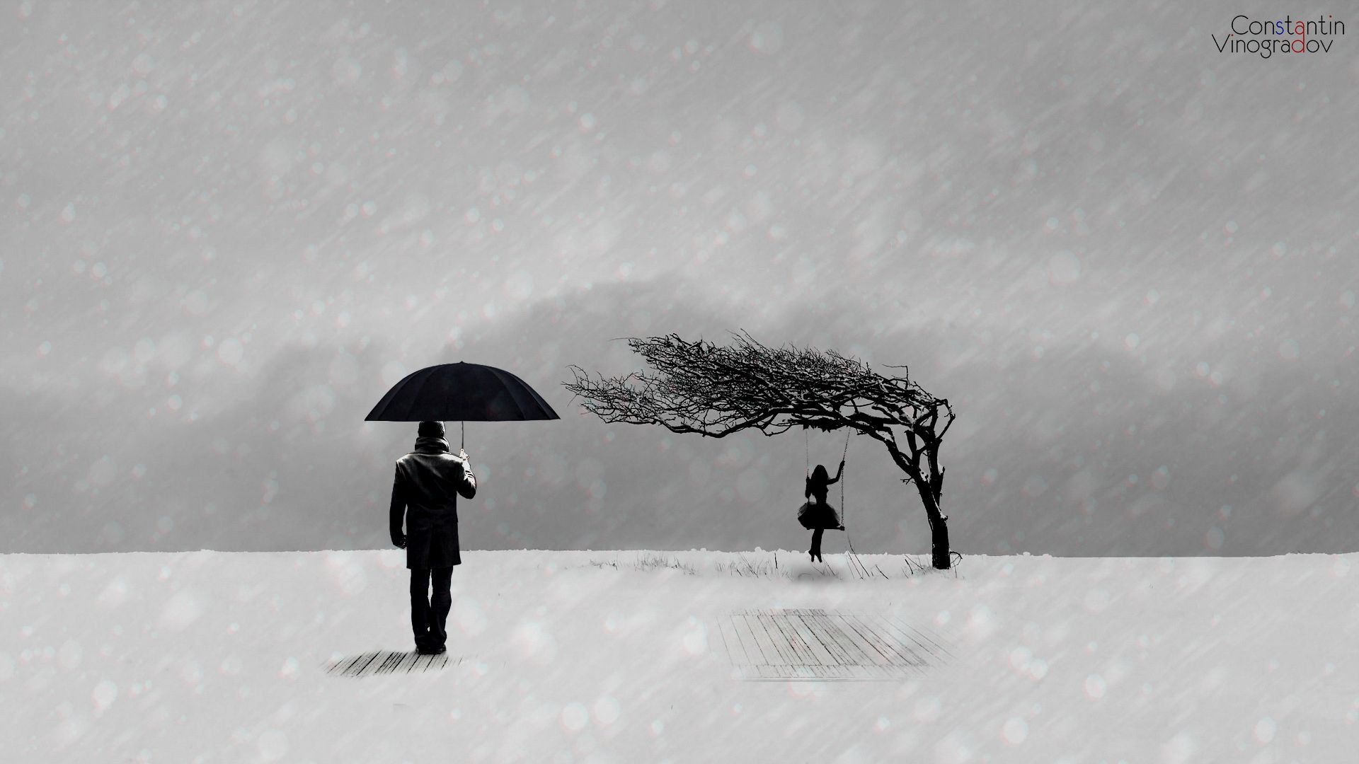 1920x1080 Wallpaper winter, sadness, girl, mood, minimalism, black and white, guy for mobile and desktop, section минимализм, resolution 1920x1080