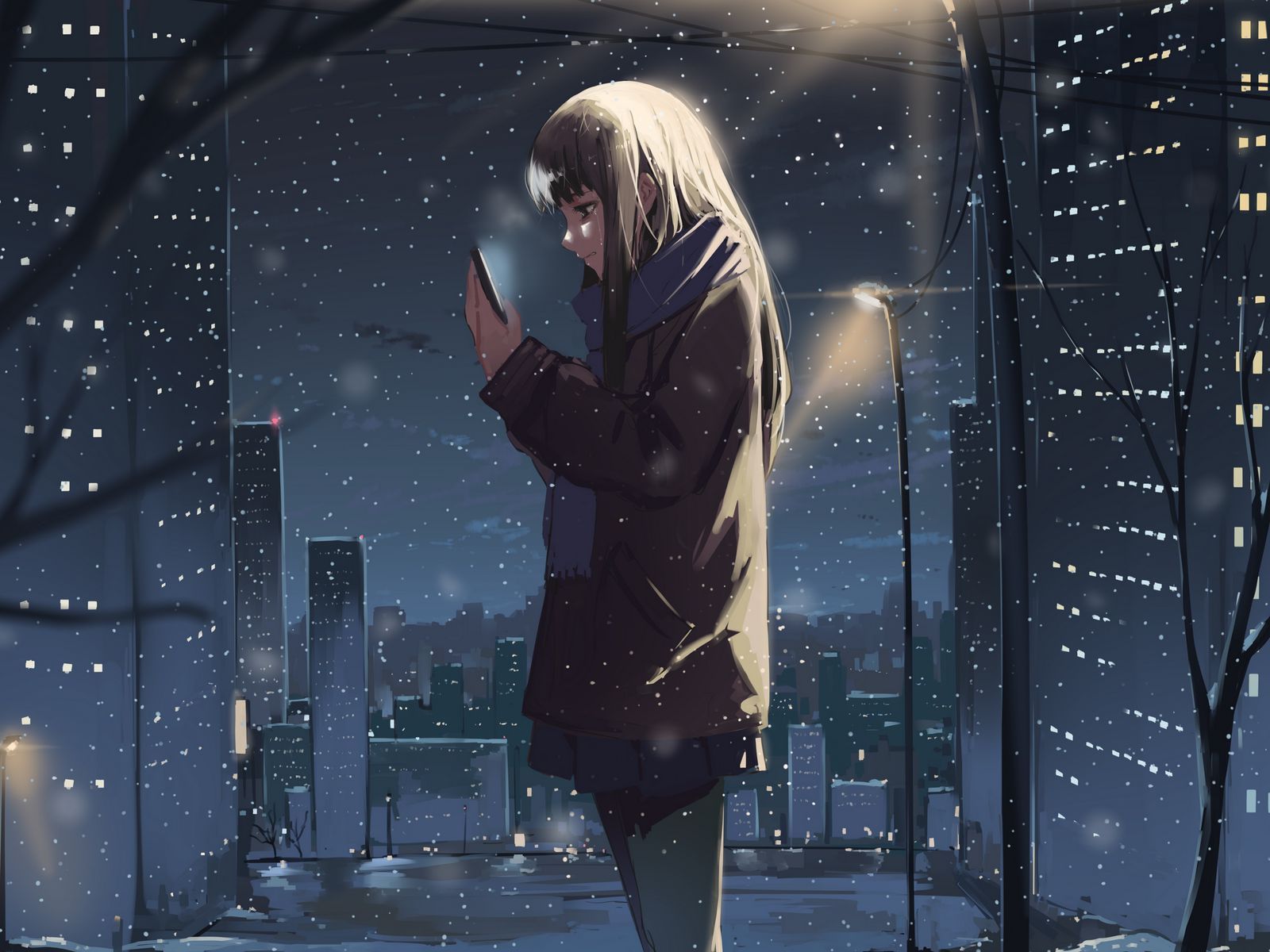 1600x1200 Download wallpaper 1600x1200 girl, phone, snow, winter, anime standard 4:3 HD background