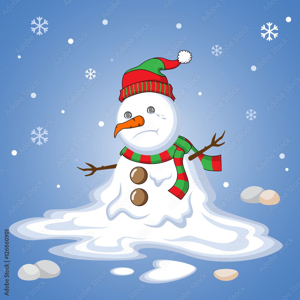 1000x999 Melting snowman winter blues away cute winter wallpaper. Sad, cry, alone snowman Vector Illustration Stock Vector
