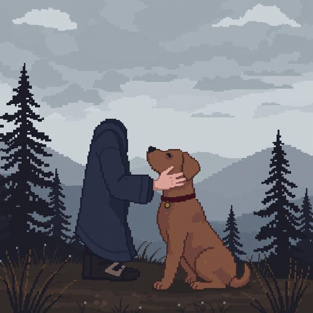 1024x1024 Heartfelt Pixel Art: Sad Dog in a Kennel