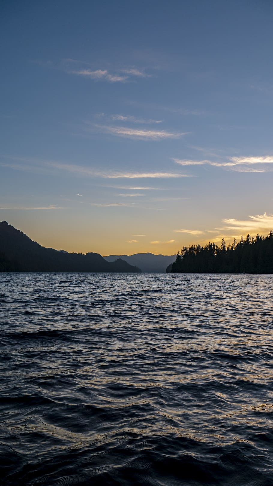 910x1617 HD wallpaper: sunset on the lake, lake and mountains, stormy lake, water