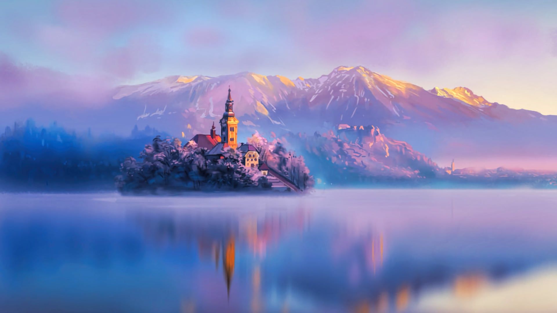 1920x1080 Lake in Slovenia at sunset Digital Art Aesthetic Wallpaper for Desktop