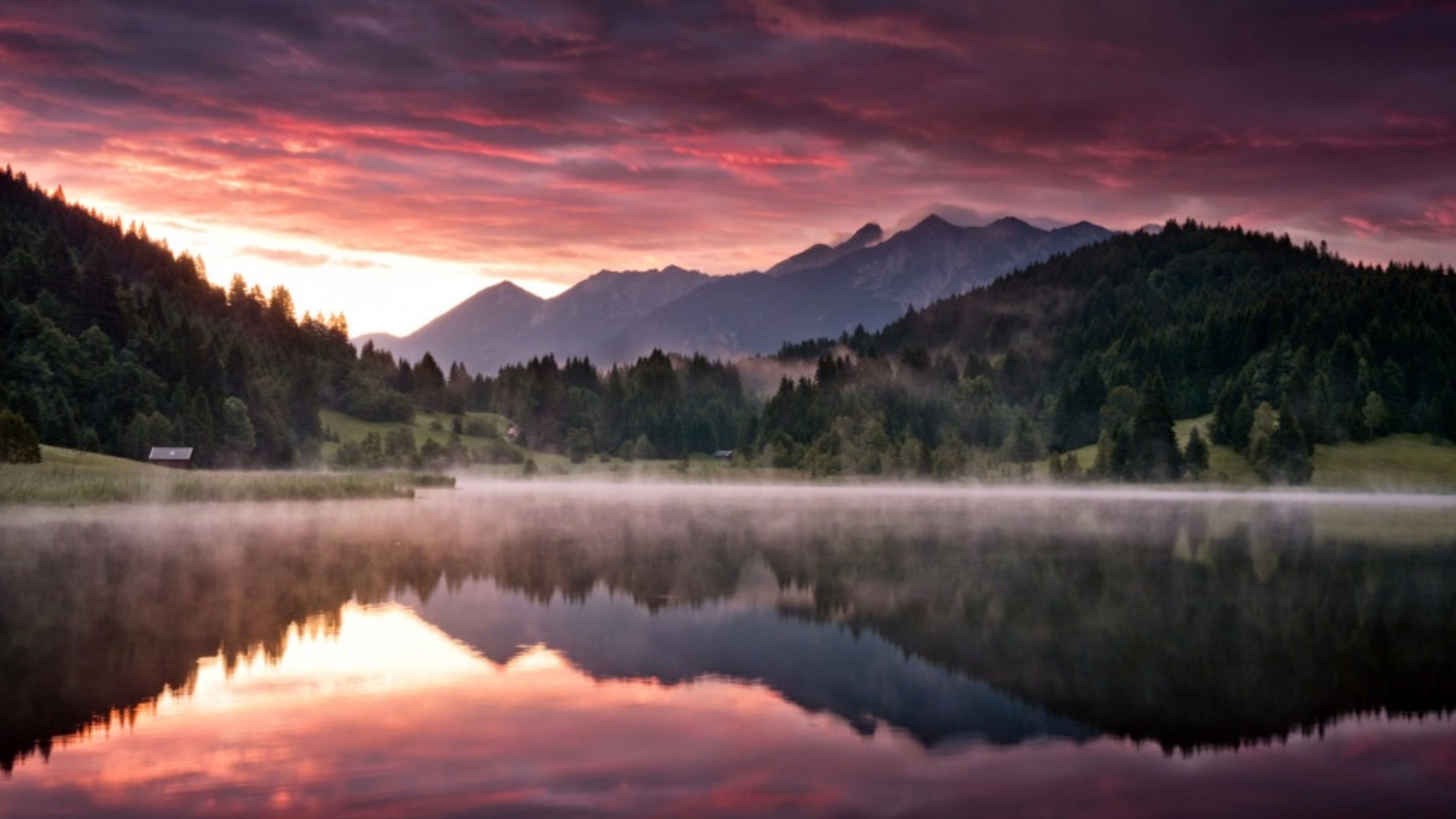 3840x2160 Landscape Of Green Trees Covered Mountain During Sunset With Reflection On Lake 4K HD Nature Wallpaper