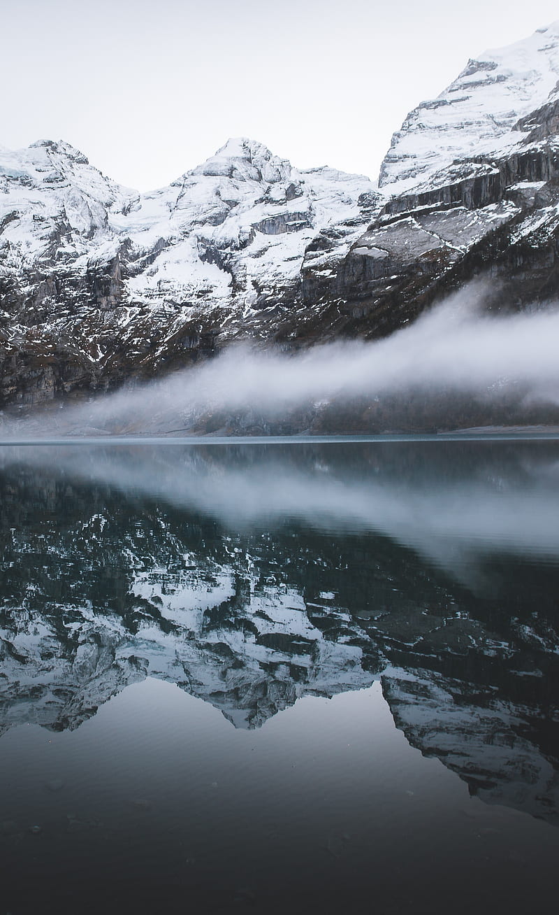 800x1308 Nature, water, snow, mountains, snowy peak, lake, mist, reflection, HD phone wallpaper