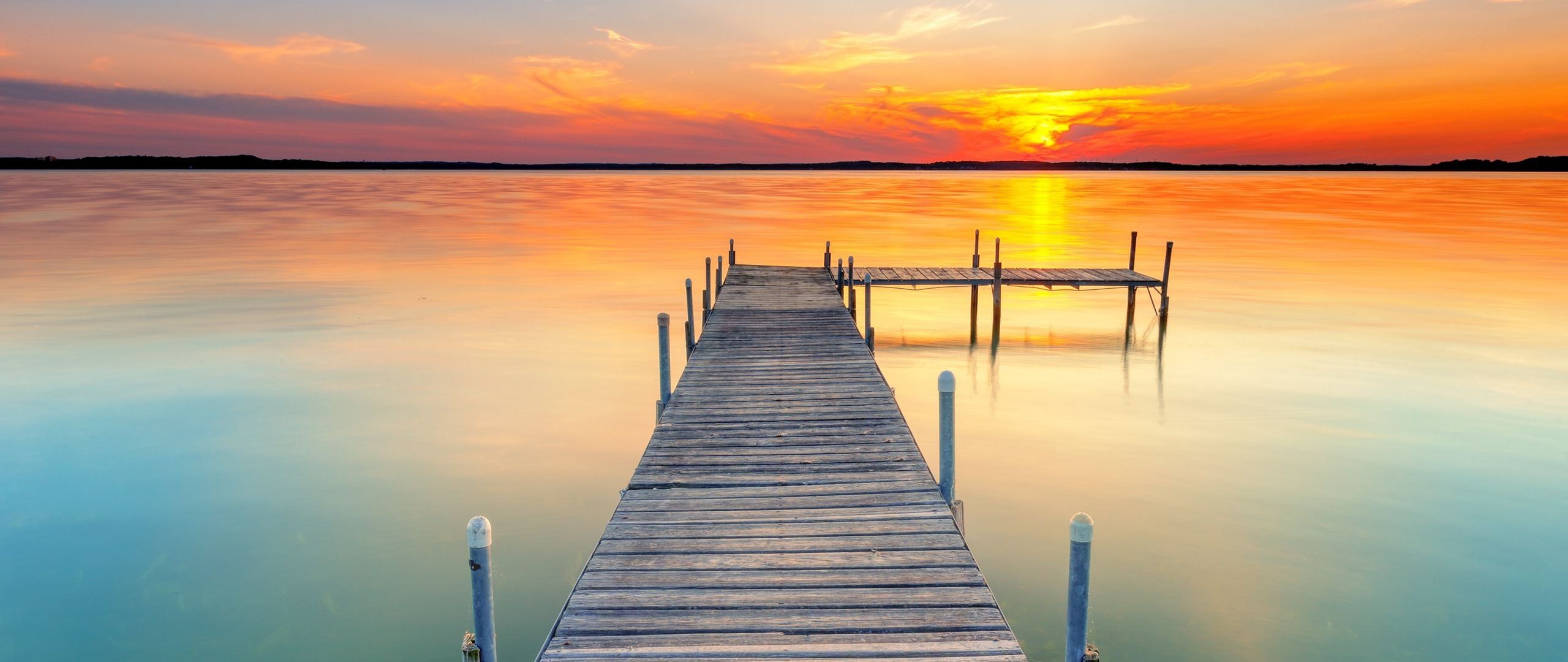 2560x1080 Pier at sunset in lake Aesthetic Wallpaper 2K for Desktop