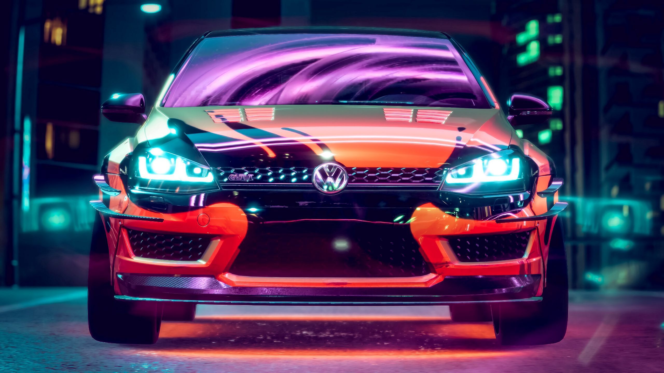 2560x1440 Download wallpaper 2560x1440 volkswagen golf gti, volkswagen, car, neon, backlight, tuning widescreen 16:9 HD background
