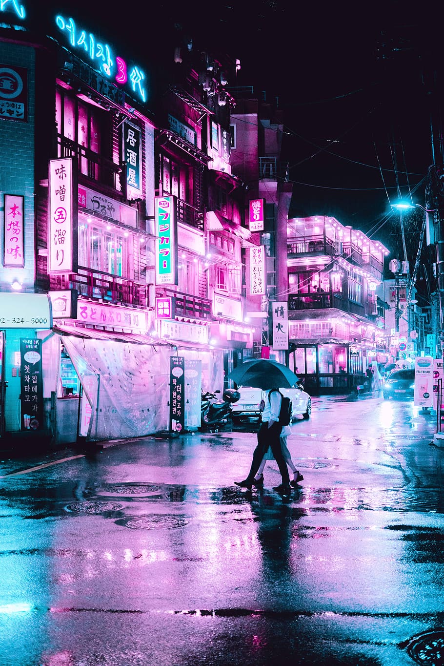 910x1364 man, gray, umbrella, seoul, pink and blue, night, light, neon