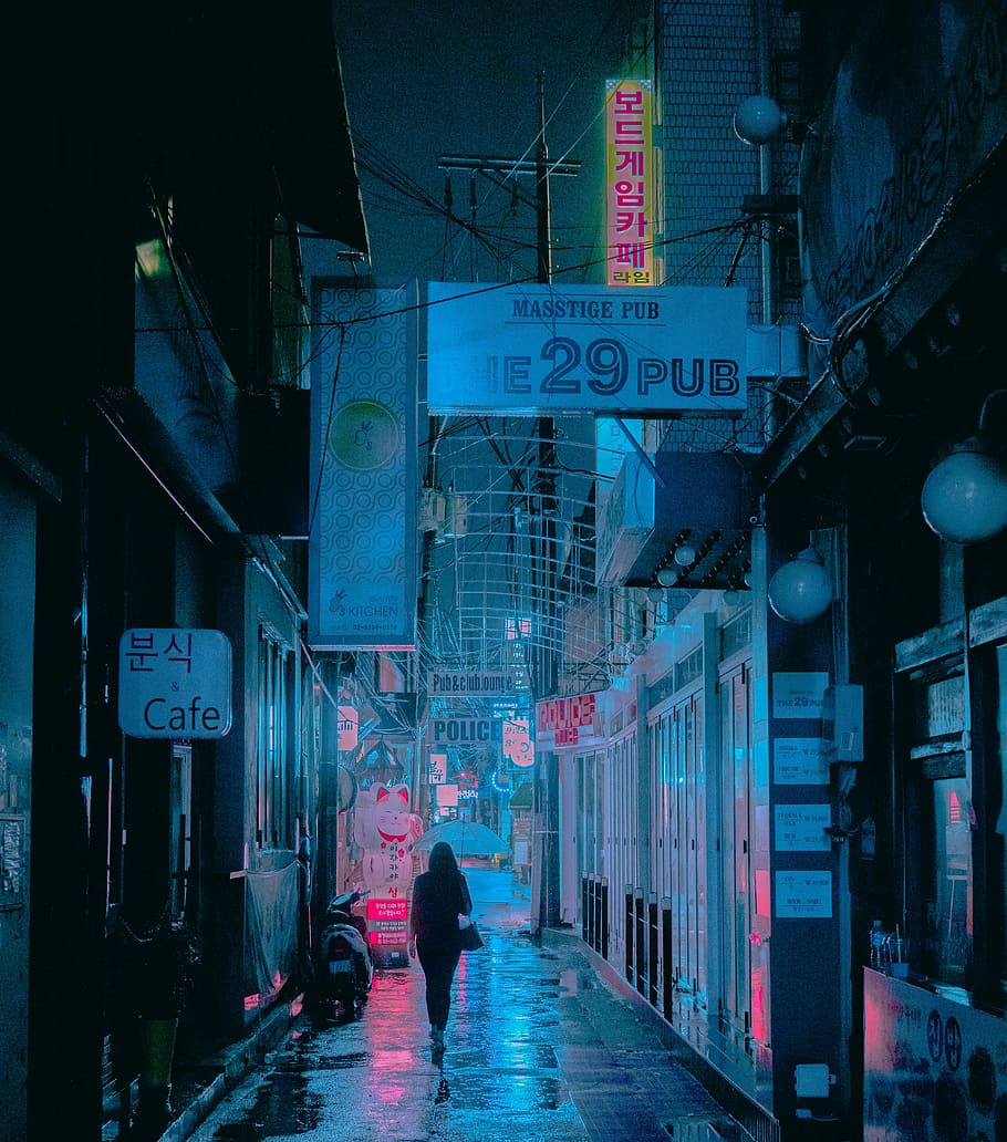 910x1032 seoul, woman, umbrella, walking, street, vaporwave aesthetic, vaporwave, cyberpunk aesthetic