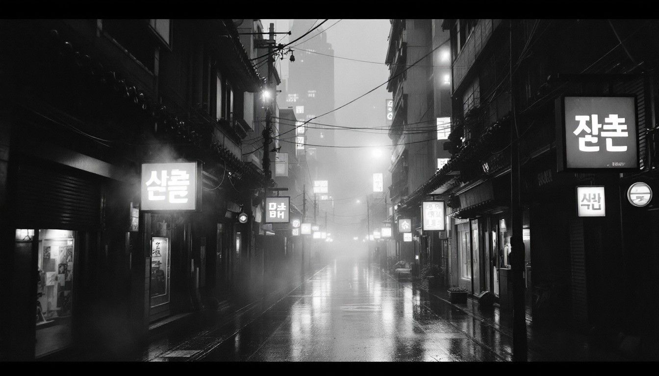 1344x768 Free Rainy Seoul Night Image, Rain, Monochrome