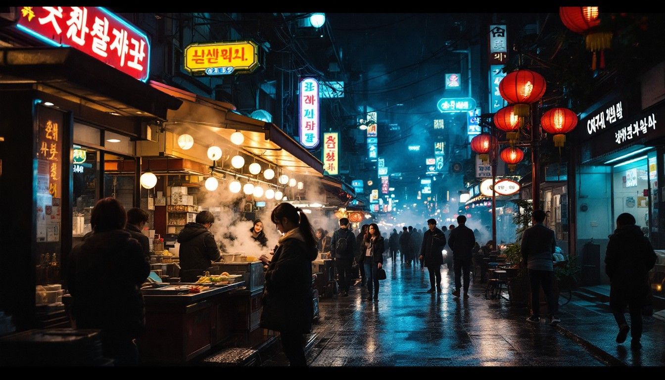 1344x768 Free Rainy Seoul Night Image, Rain, Monochrome