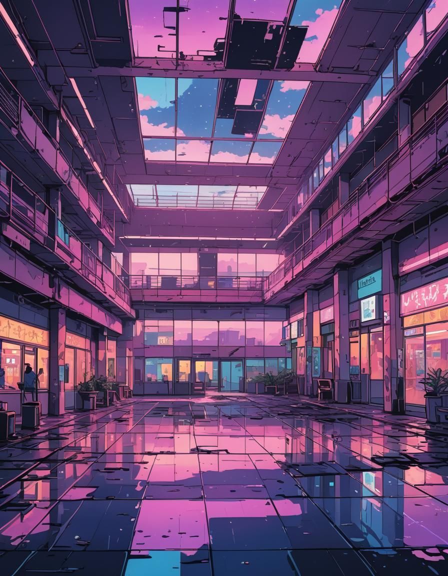 896x1152 Abandoned Mall Atrium at Dusk: Vector Comic Illust