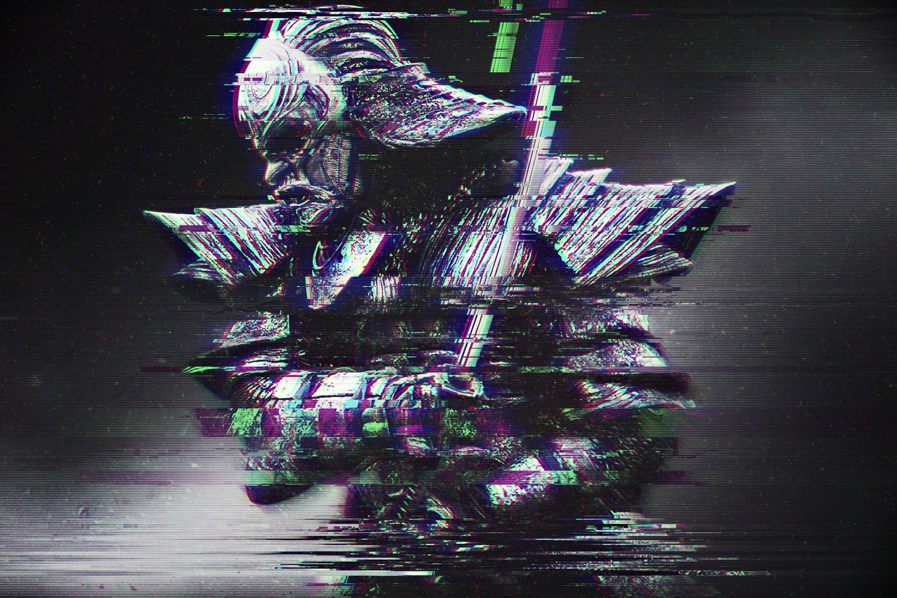 3000x2000 glitch art, Abstract, Distortion, RGB, Samurai, Katana Wallpaper HD / Desktop and Mobile Background
