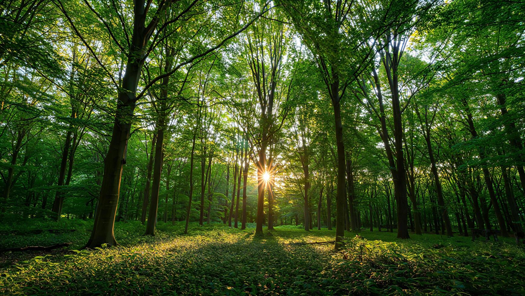 1736x980 Nature Background Sunlit Deciduous Forest Lush Green Canopy Sunlight Through Trees Nature Scene