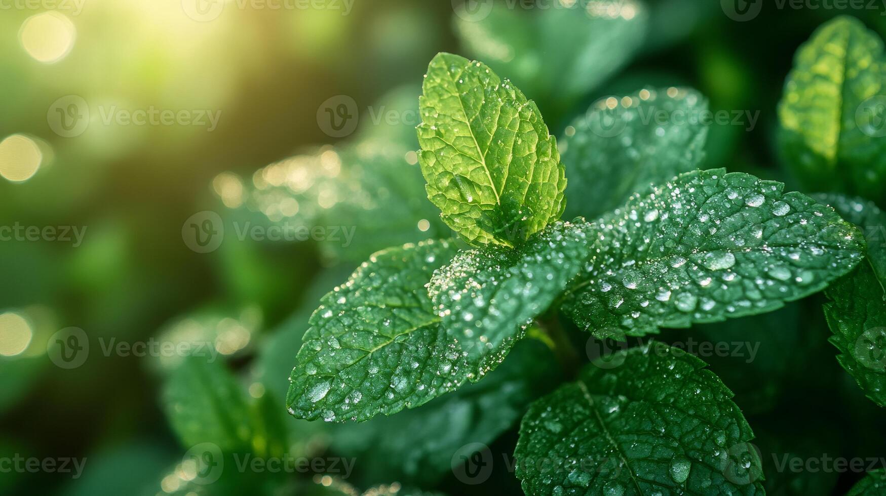 1749x980 Fresh green mint leaves growing in garden with water drops