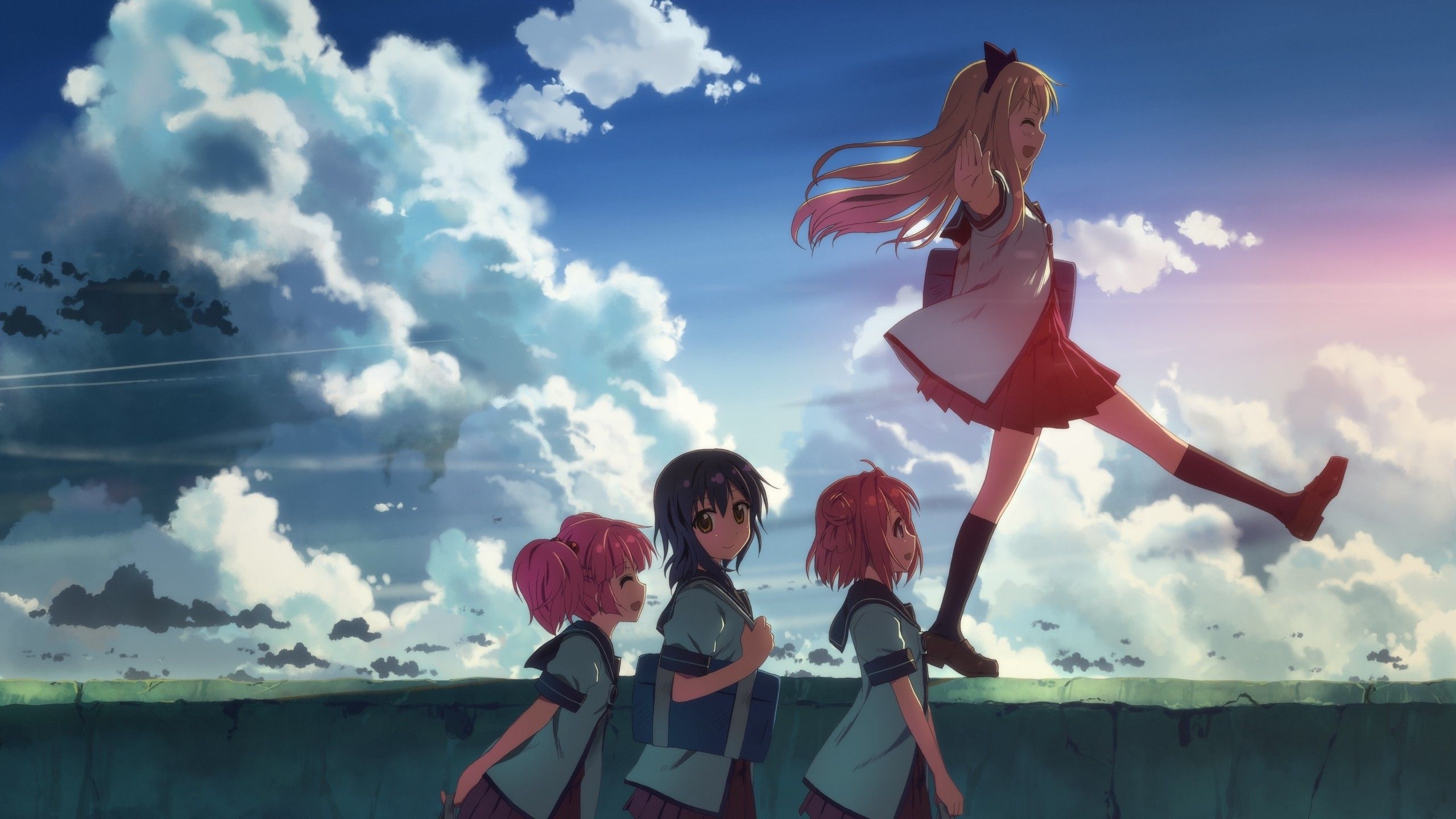 2560x1440 anime Girls, Anime, Sky, School Uniform, Clouds, Yuru Yuri, Toshinou Kyouko, Funami Yui, Yoshikawa Chinatsu, Akaza Akari Wallpaper HD / Desktop and Mobile Background