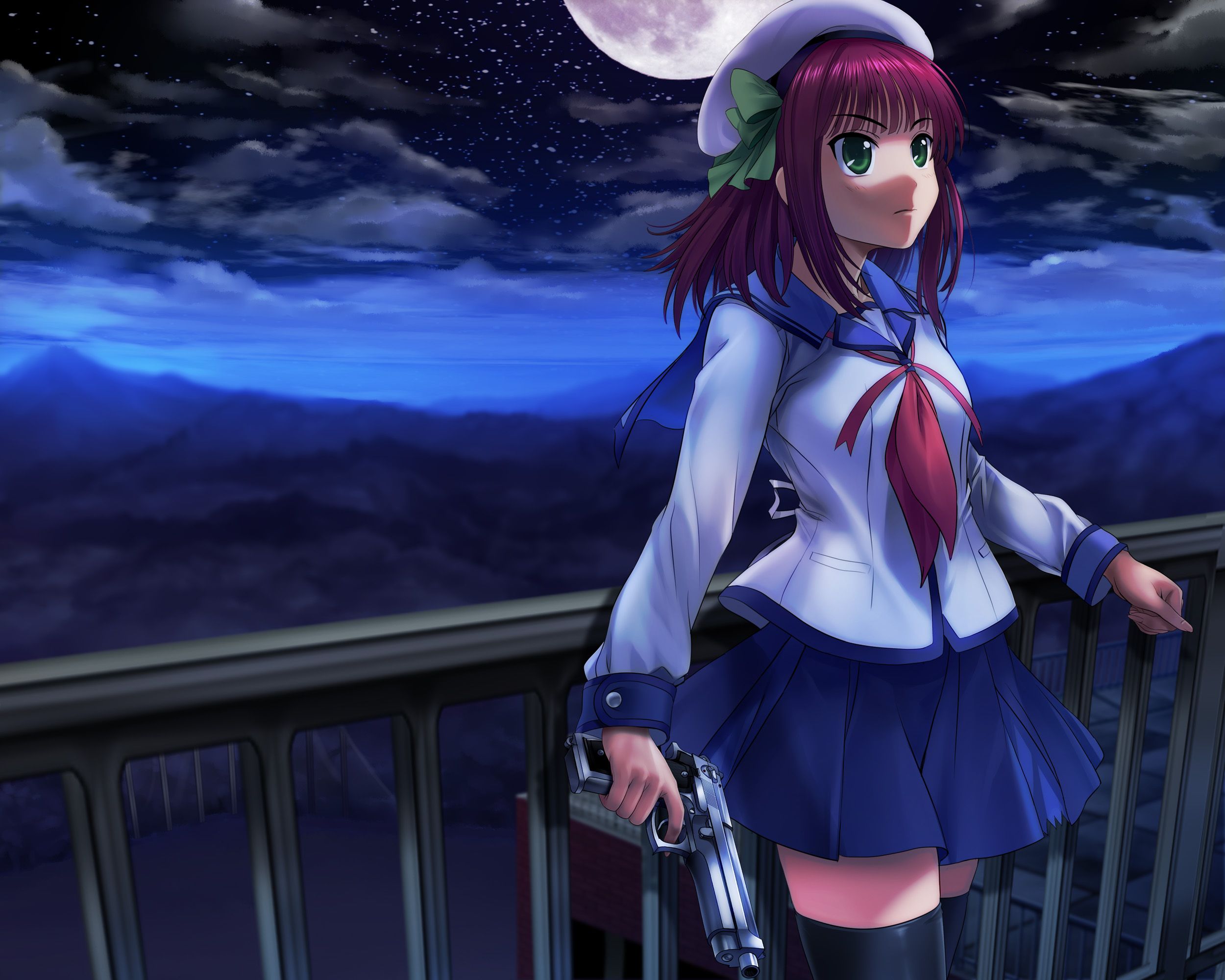 2500x2000 angel, Beats, Green, Eyes, Gun, Hat, Jpeg, Artifacts, Moon, Moonknives, Nakamura, Yuri, Night, Purple, Hair, Seifuku, Short, Hair, Thighhighs, Weapon, Zettai, Ryouiki Wallpaper HD / Desktop and Mobile Background