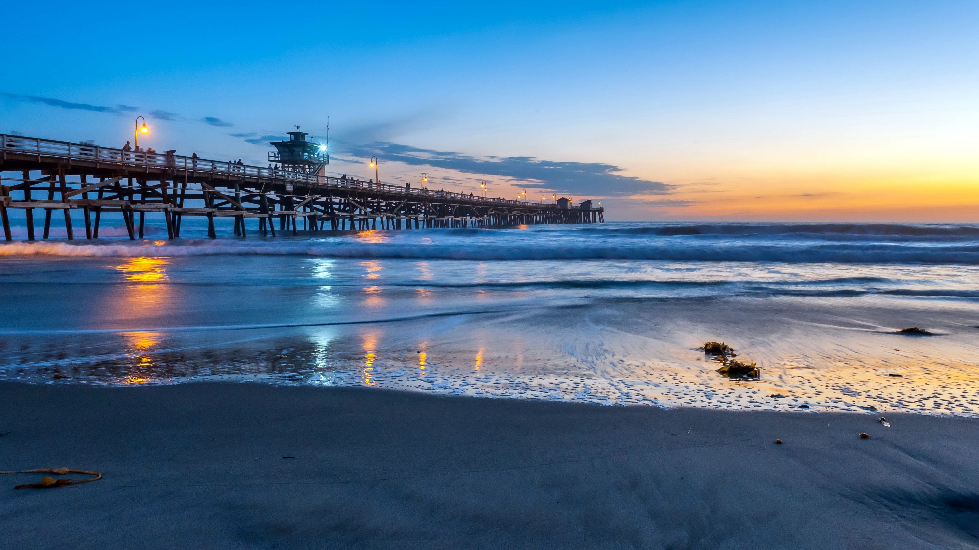 3840x2160 Wallpaper Pacific Ocean, California, blue hour, San Clemente Pier for mobile and desktop, section пейзажи, resolution 3840x2160