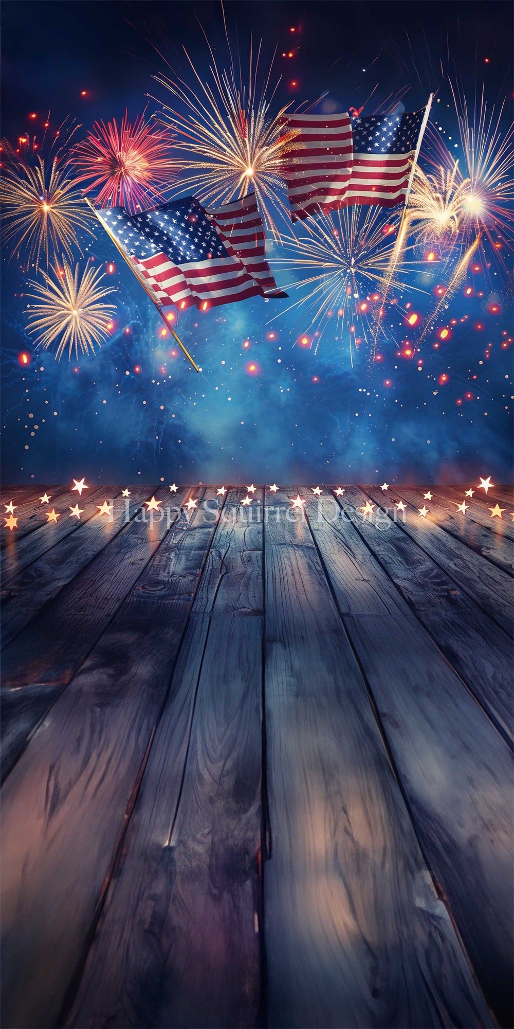 1000x2000 Kate Sweep Independence Day Night Colorful Firework Flag Sparkle Star Printed Backdrop Designed by Happy Squirrel Design