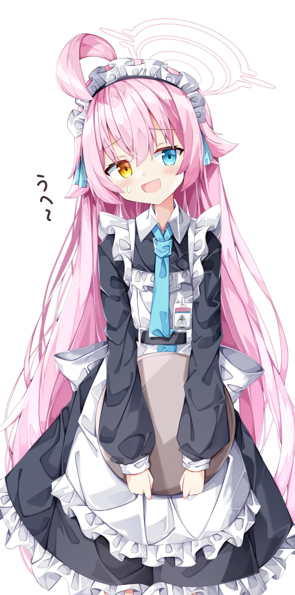 1000x2020 long hair, pink hair, heterochromia, open mouth, looking at viewer, Blue Archive, Takanashi Hoshino (Blue Archive), portrait display, anime girls, Japanese, maid, maid outfit, simple background, white background, blushing, minimalismx2020