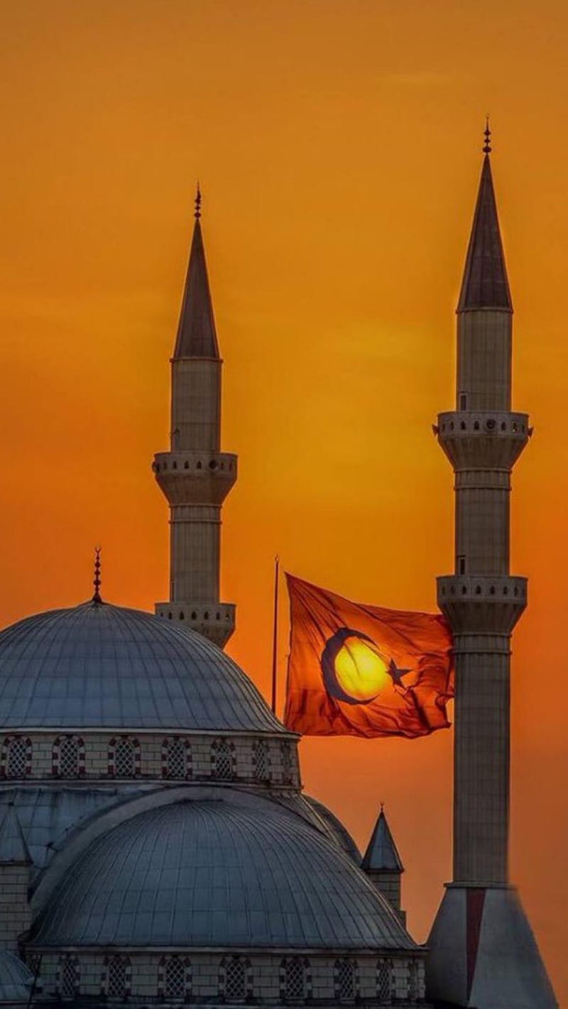 800x1422 Mosque and flag, tuning, autos, moaquee, flag, red, yellow, sun, turkey, HD phone wallpaper