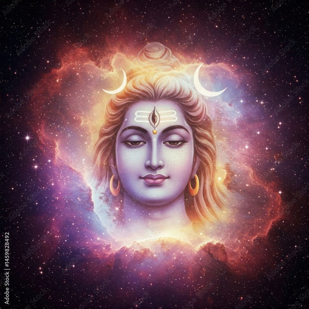 1000x1000 Mahadev Shivji Bholenath Shankar Neelkanth Adiyogi. Shiva face emerging from nebula cosmic spaceK HD Mahashivratri Shivratri Wallpaper background picture Stock Illustration
