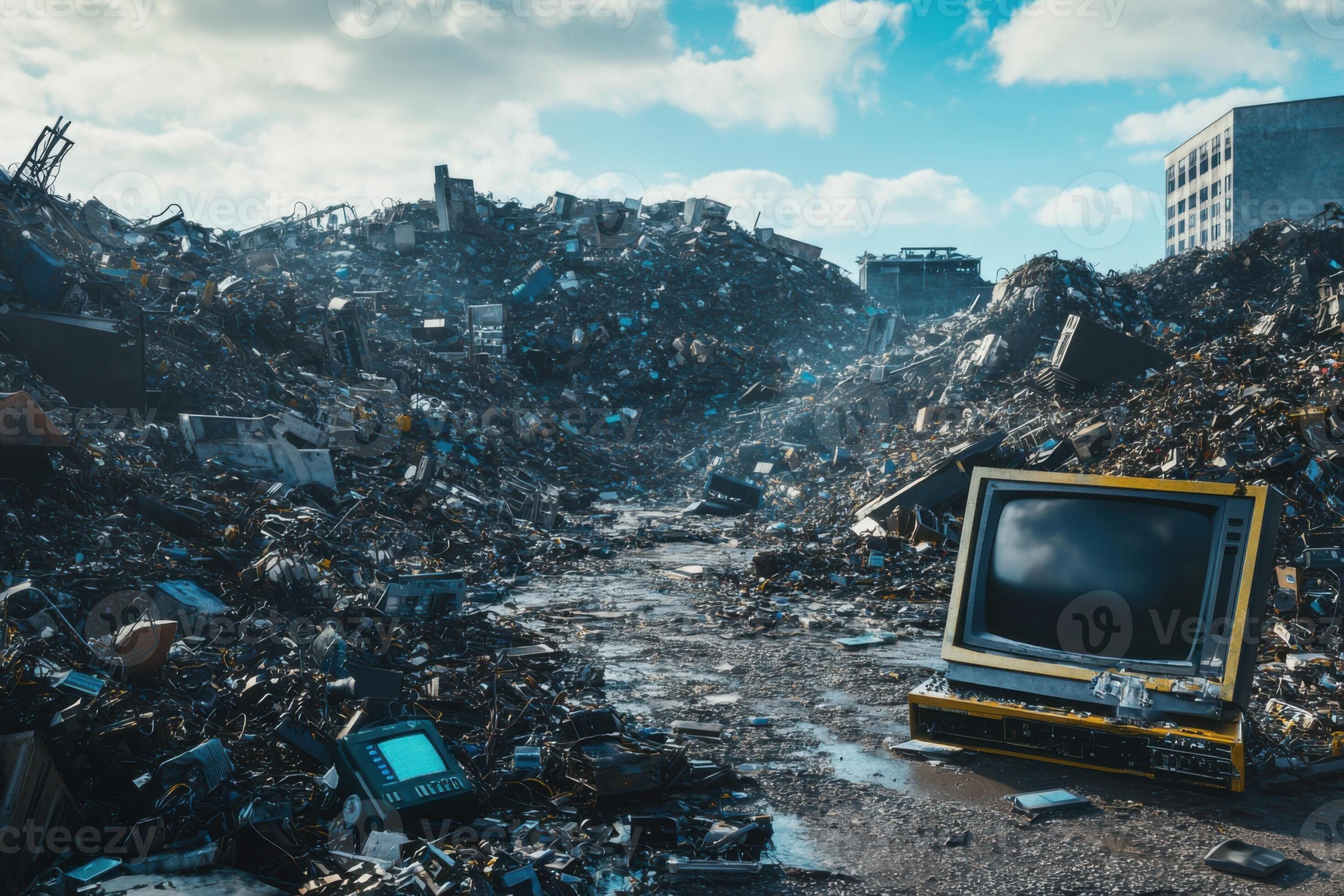 2940x1960 Piles of electronic waste fill a landfill site under a cloudy sky at midday