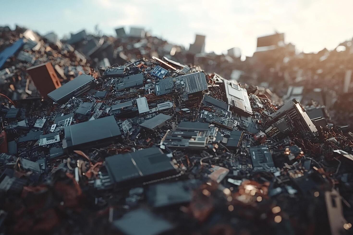 1470x980 Mountain of electronic waste polluting the environment under sunlight