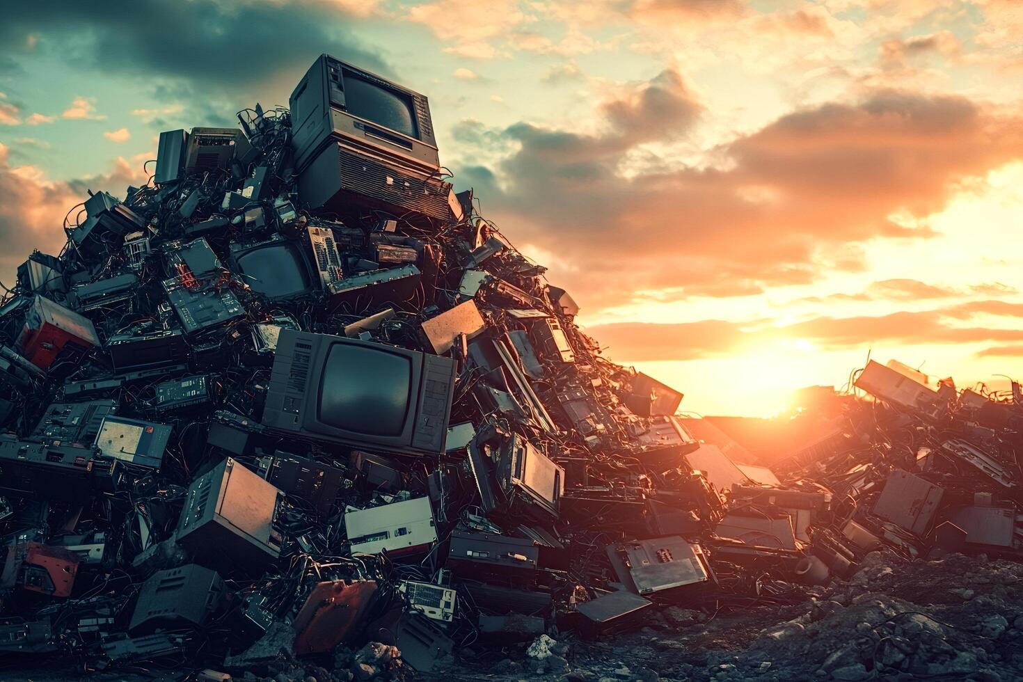 1470x980 Pile of electronic waste polluting the environment at sunset