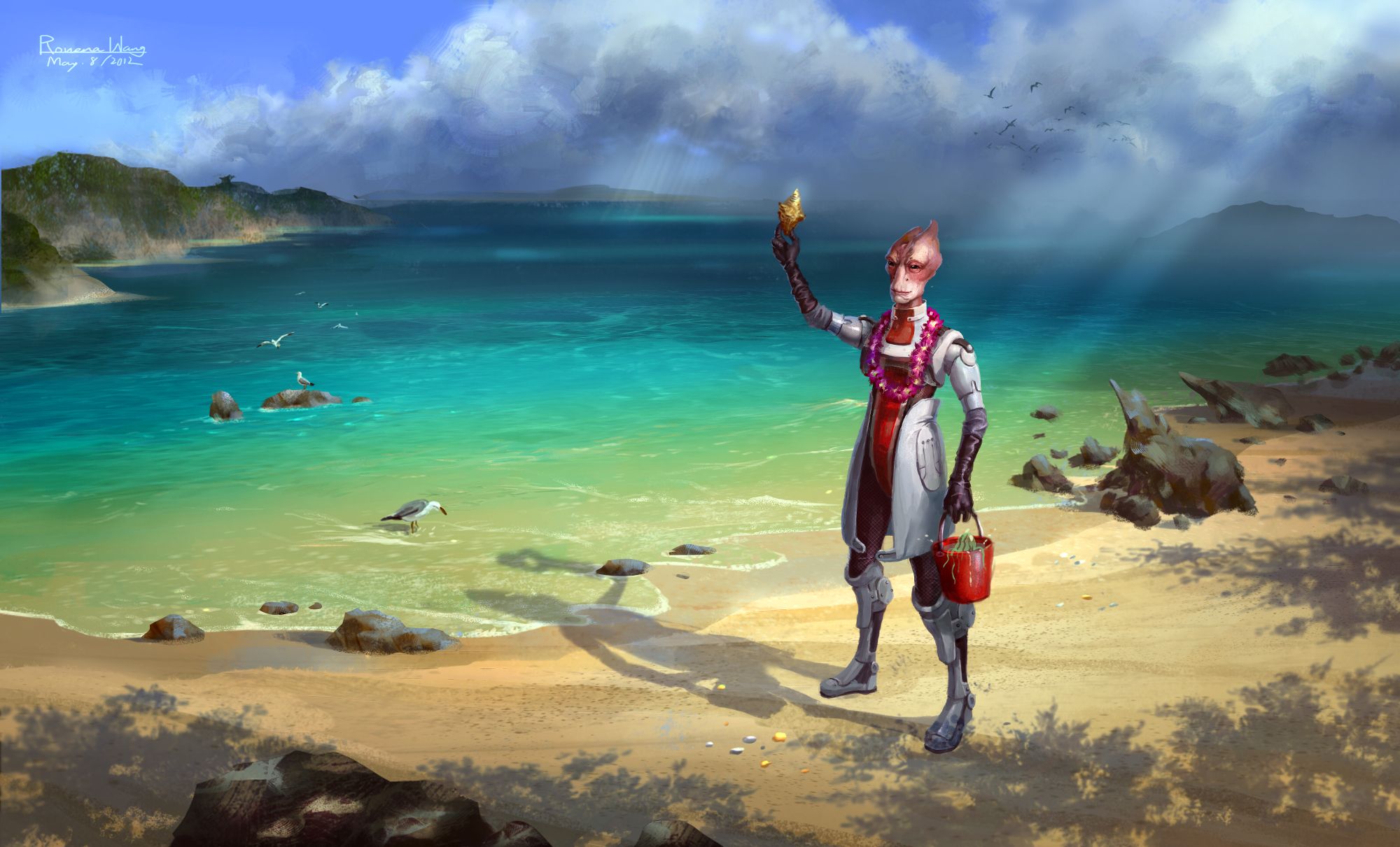 2000x1211 Wallpaper beach, mass effect, ocean, bioware, seashell, Video Game, Mordin Solus, salarian for mobile and desktop, section игры, resolution 2000x1211