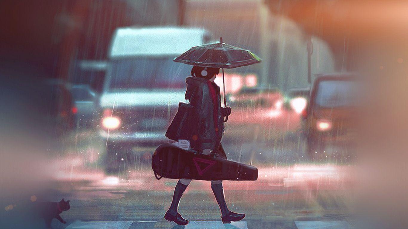 1366x768 Ngày mưa Anime cô gái vẽ minh họa nghệ thuật bùng phát.  Máy tính để bàn