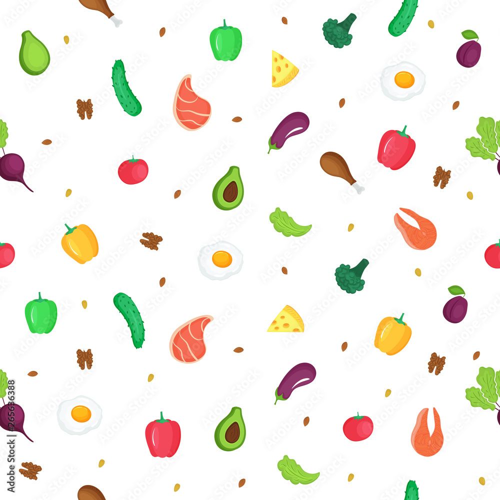 1000x1000 Keto diet. Ketogenic low carb and protein, high fat. Seamless pattern of fresh vegetables, fish, meat, nuts. Can be used as packaging for healthy foods, as wrapping paper, wallpaper Stock Vector