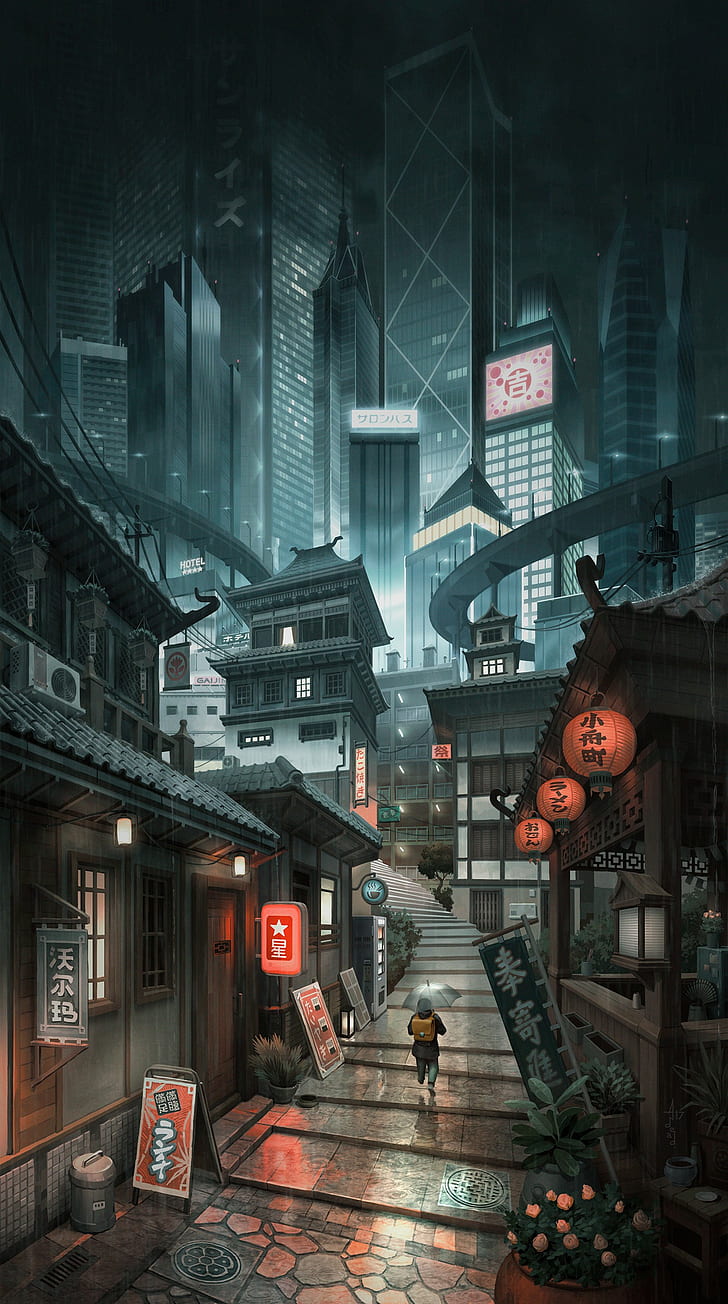 728x1304 HD wallpaper: artwork, cityscape, digital art, alleyway, Japan, skyscraper