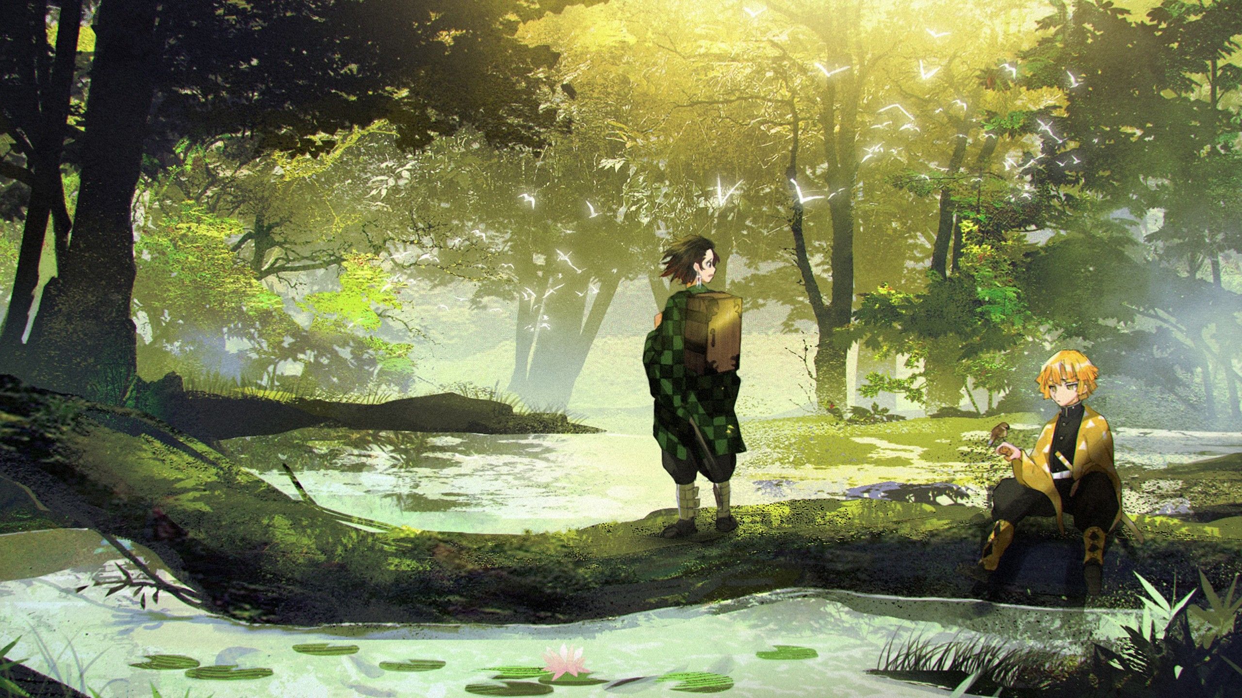 2560x1440 Demon Slayer Tanjirou Kamado Zenitsu Agatsuma Around Green Trees And Flying Birds HD Anime Wallpaper