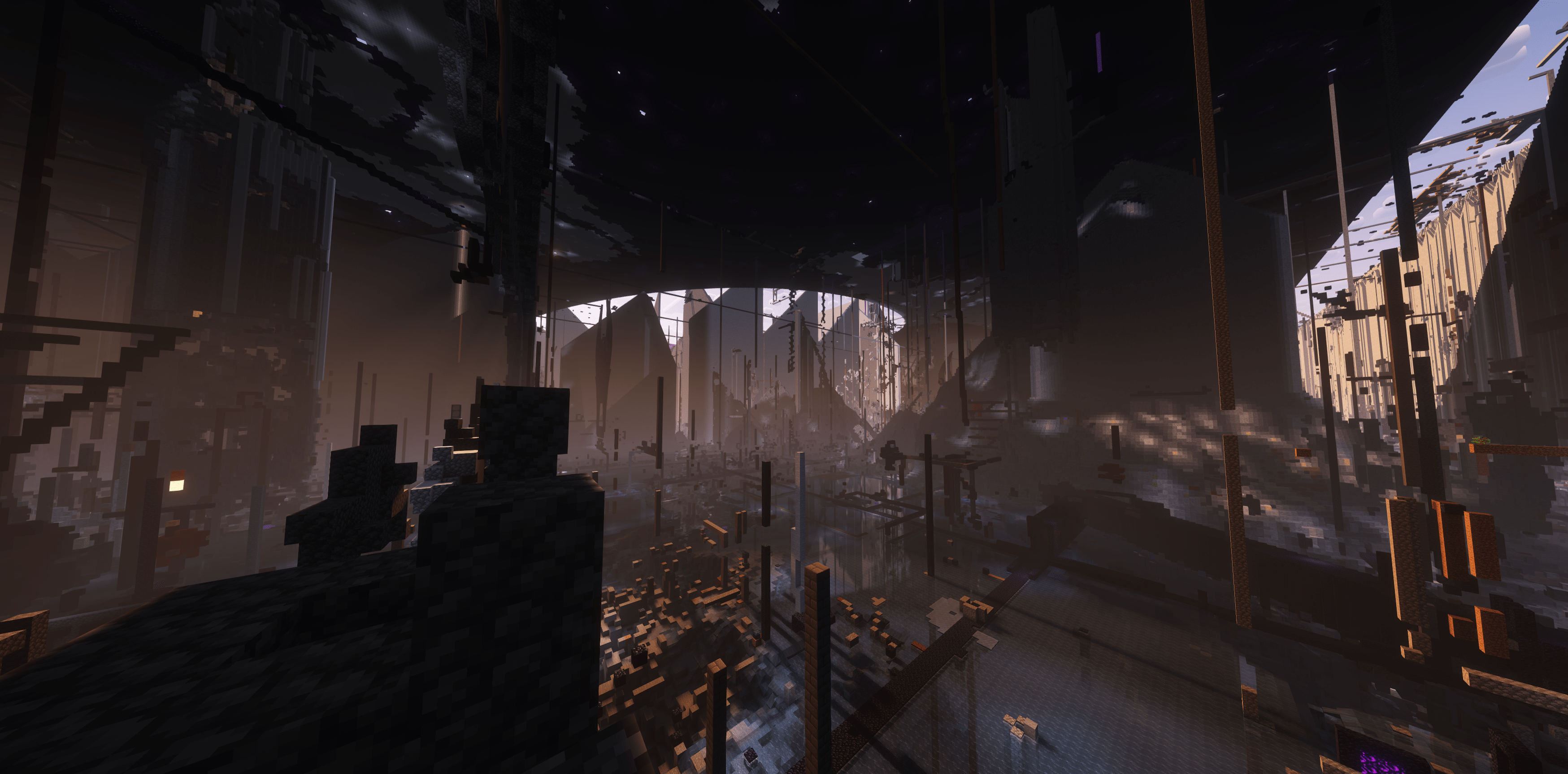 3497x1727 Various picture of 2b2t spawn with Distant Horizons + Shaders