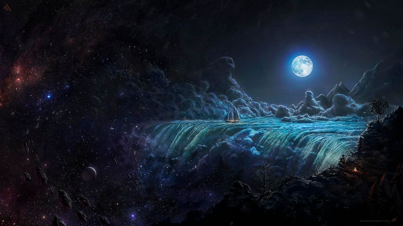 1333x750 Wallpaper The Starry Night, Moonlight, Art, Painting, Moon, Background Free Image