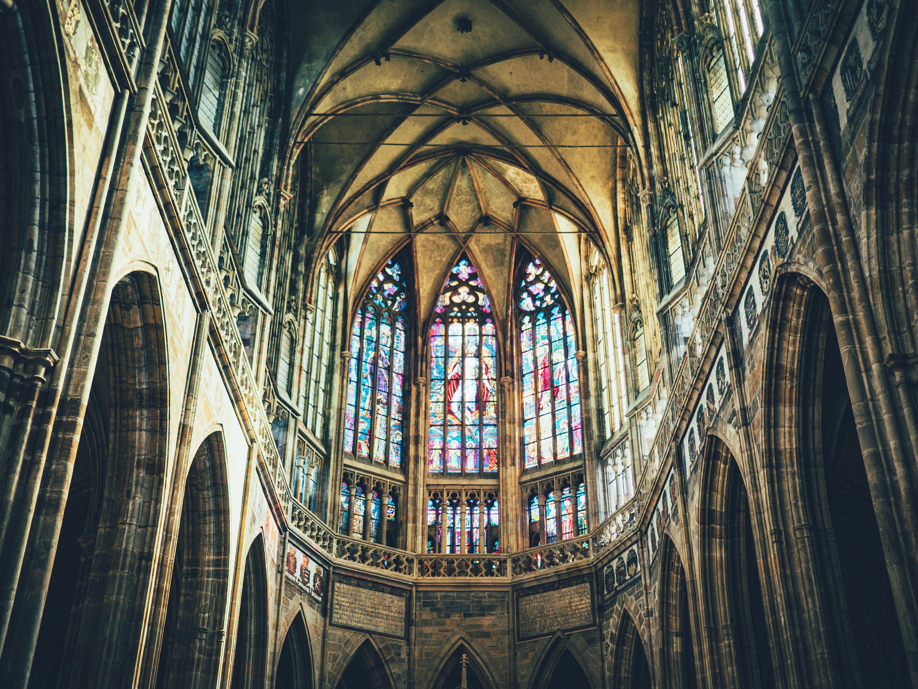 3000x2250 Gothic cathedral interior with stained glass windows photo
