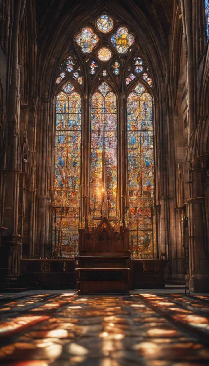 720x1260 An illuminated stained glass window in a Gothic cathedral, the sun casting ethereal colored light onto the pews below. Wallpaper [4e77f3a2d38b4e3D91d3]