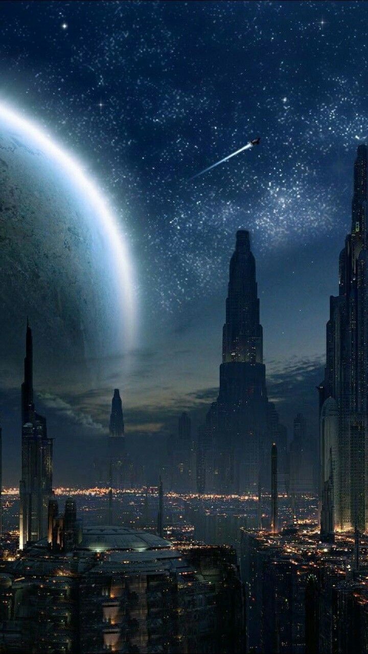 720x1280 Cityscape at Night with Distant Object in the Sky. Coruscant wallpaper, Star wars city background, Star wars city wallpaper