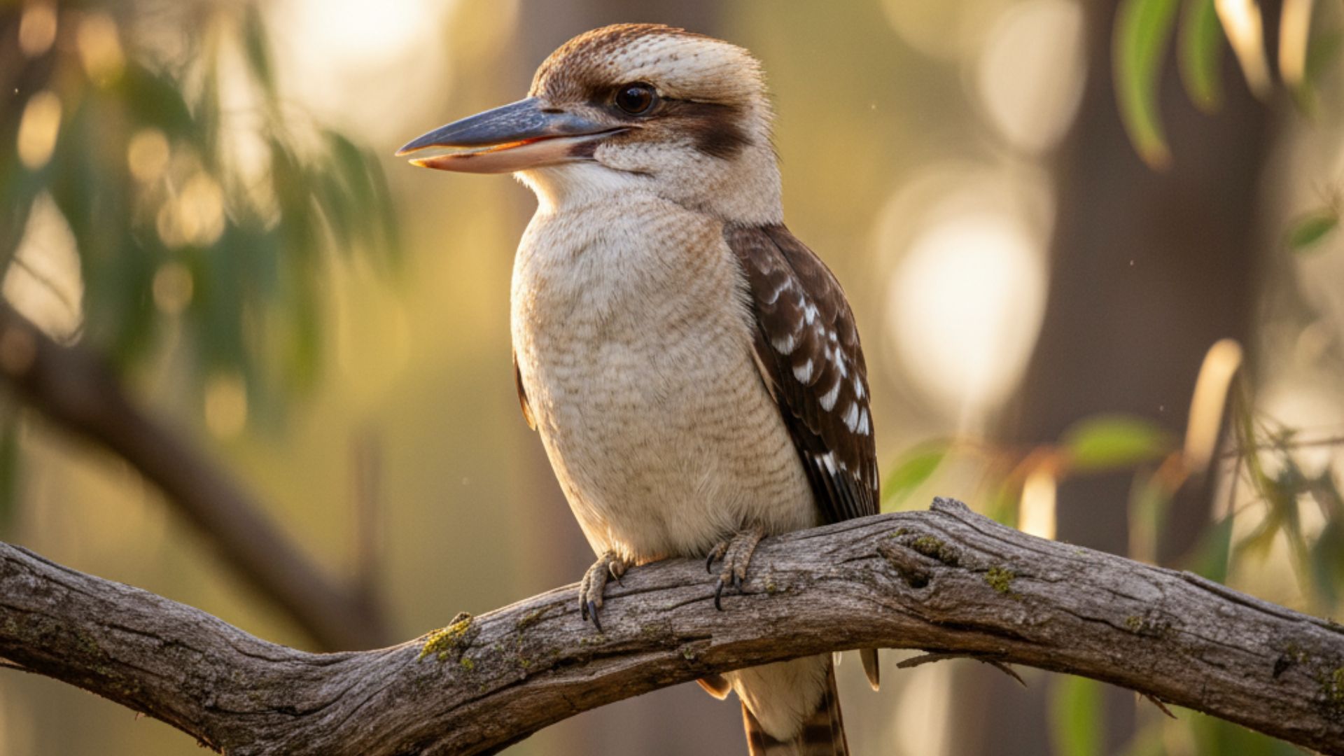 1920x1080 kookaburra perched on a branch in warm golden light ideal for Australian wildlife photography native bird image HD birds Wallpaper