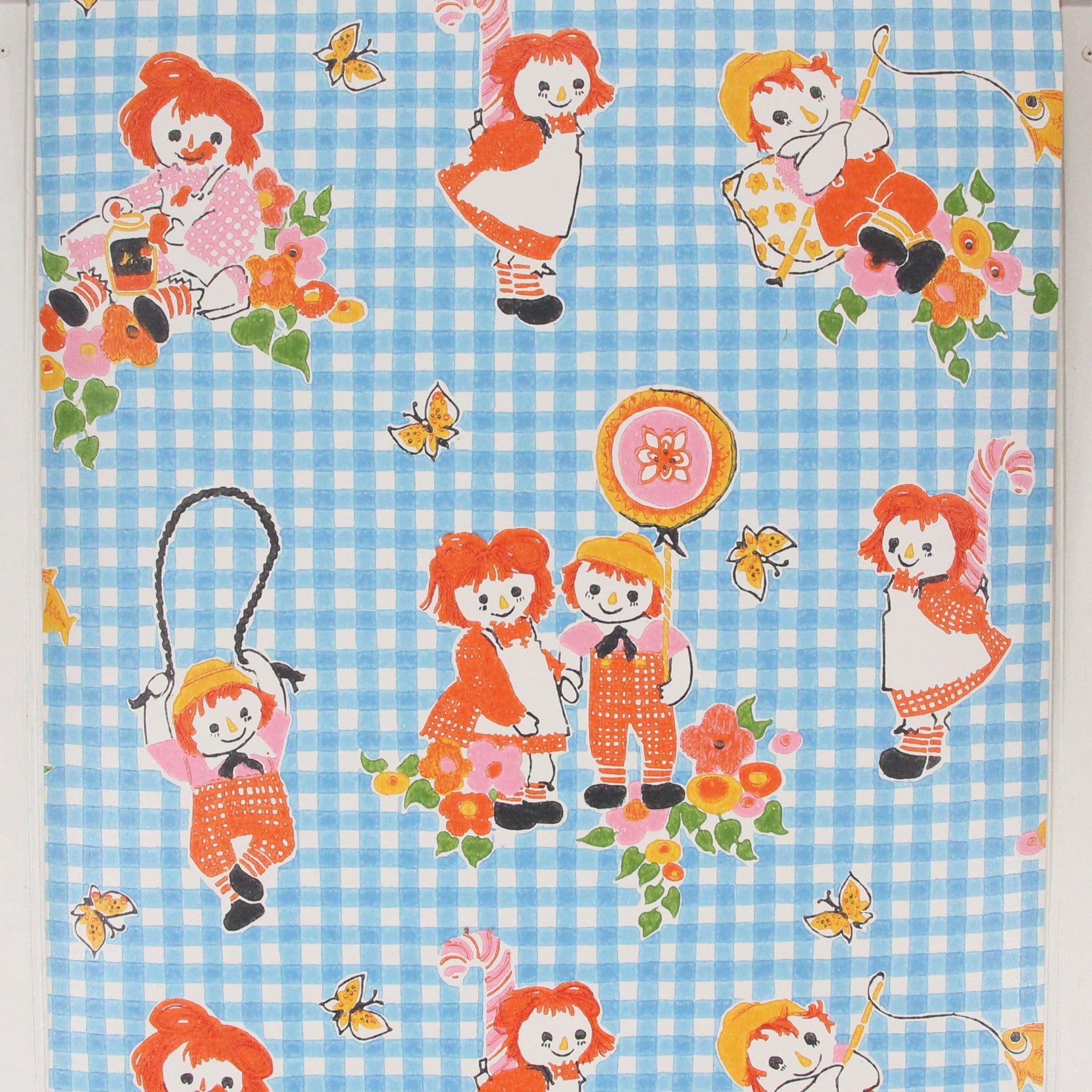 1918x1918 1970s Vintage Wallpaper Retro Children's Raggedy Ann and Andy on Blue Check, Sold