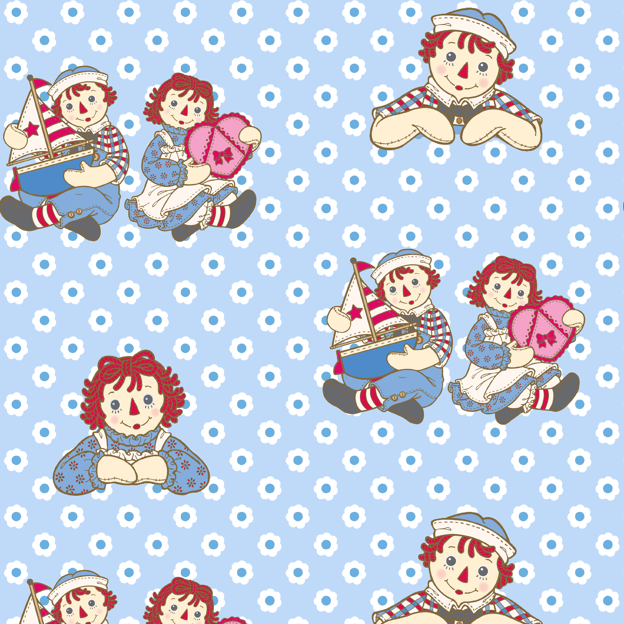 2048x2048 Raggedy Ann and Andy Daisy Toss on Blue Wallpaper & Stick / Sample (8in x 10in)