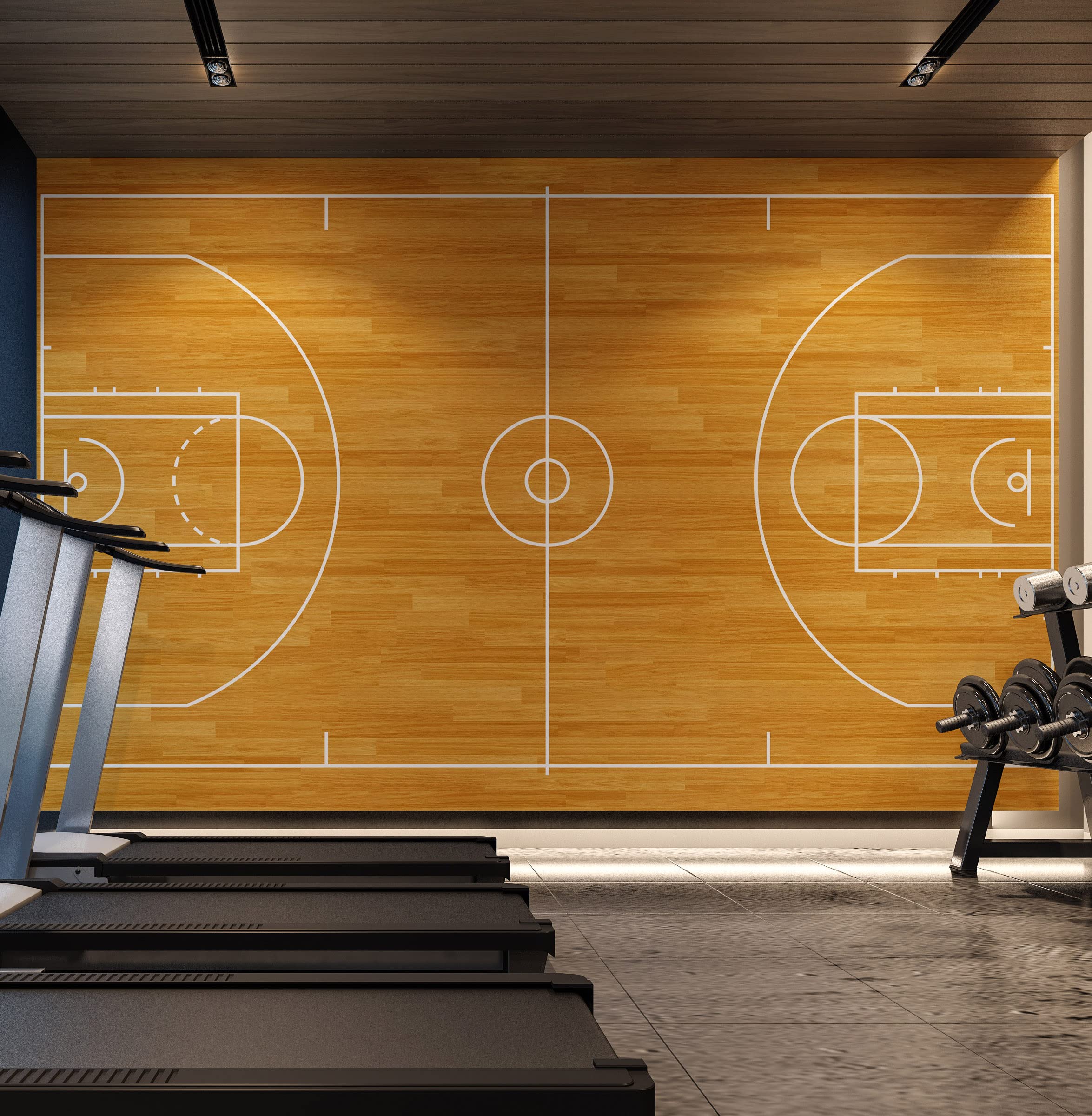 2349x2400 Stickerbrand Basketball Court Hardwood Pattern Wall Mural. with Court line Outline Diagram. Peel and Stick Wallpaper. (9ft H X 12ft W)