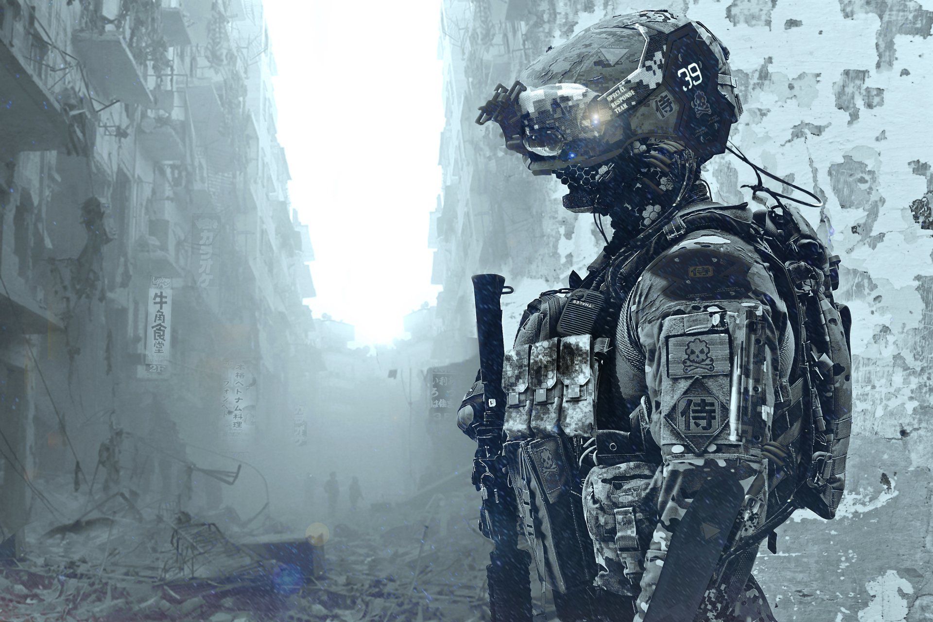 1920x1280 2K Quad HD: Cyber Sentinel‑Fi Robot in Ruined Cityx2459