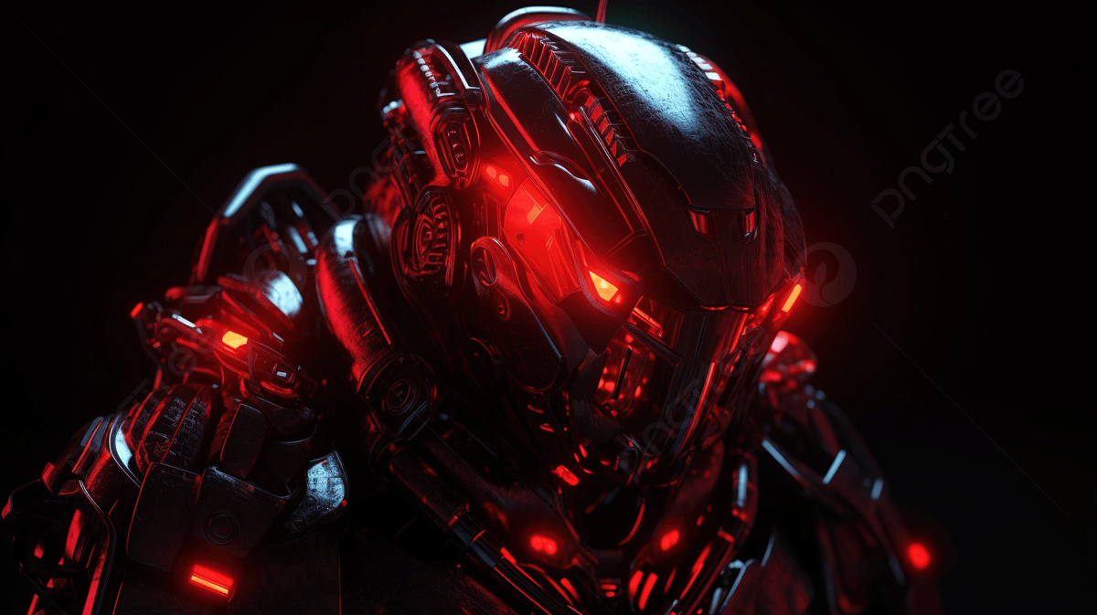 1200x673 Futuristic Sci Fi Soldier Wearing Red Glowing Helmet, 3D Illustration Of The Close Up Of The