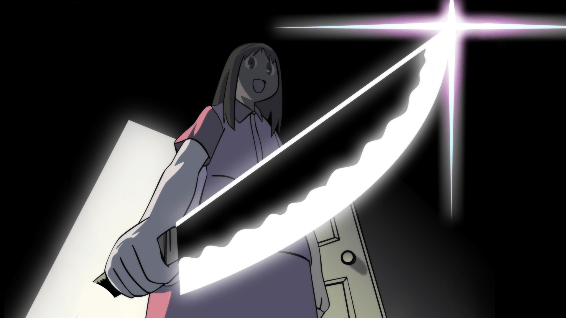 1920x1080 standing, open mouth, looking away, smiling, humor, Azumanga Daioh, dark, door, knife, anime girls, simple background, anime, Ayumu Kasuga, anime screenshot, weaponx1080 Wallpaper