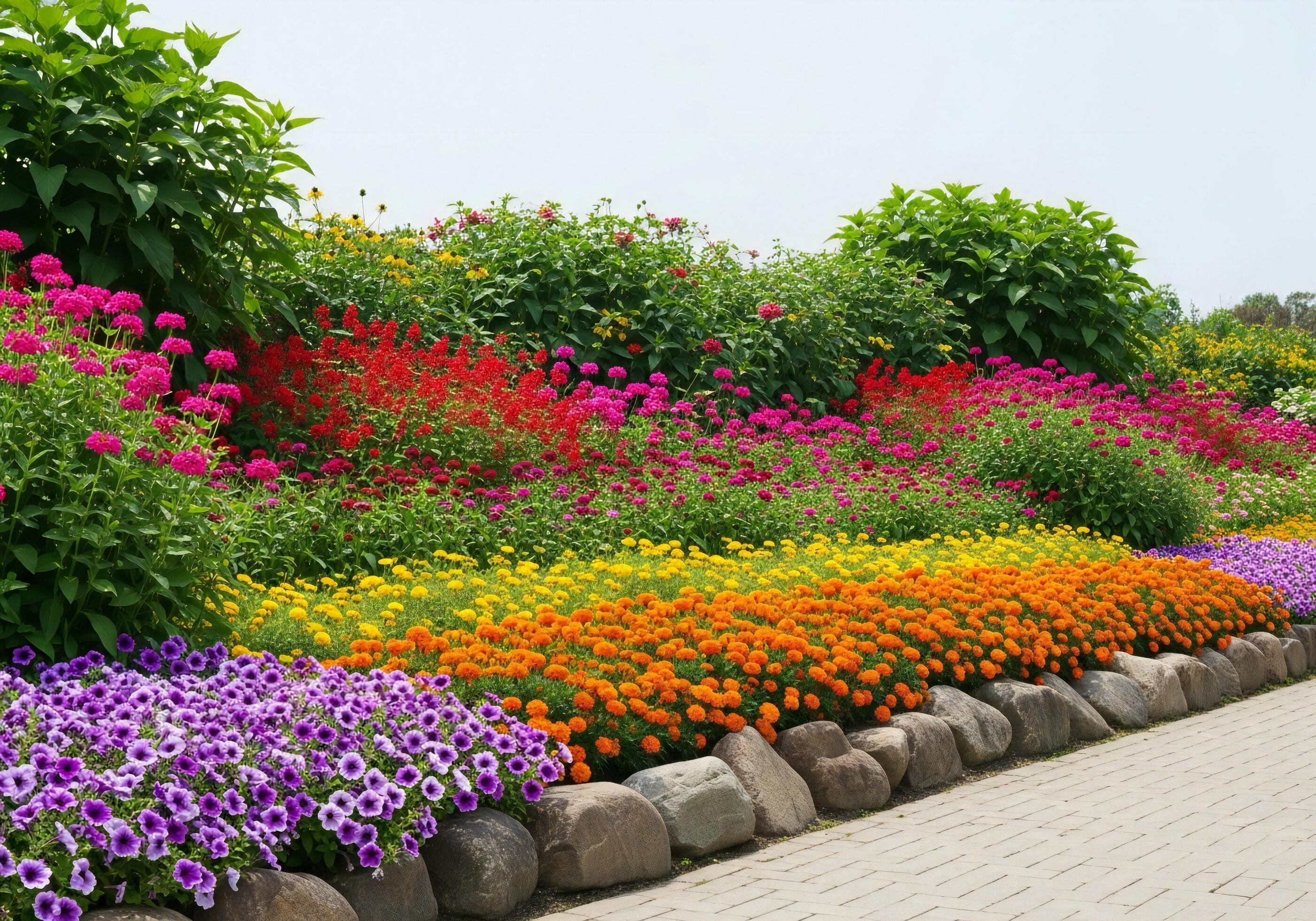 2800x1960 Nature background, Nature wallpaper, Vibrant flower beds with purple orange yellow and red blossoms line a paved pathway with stone border