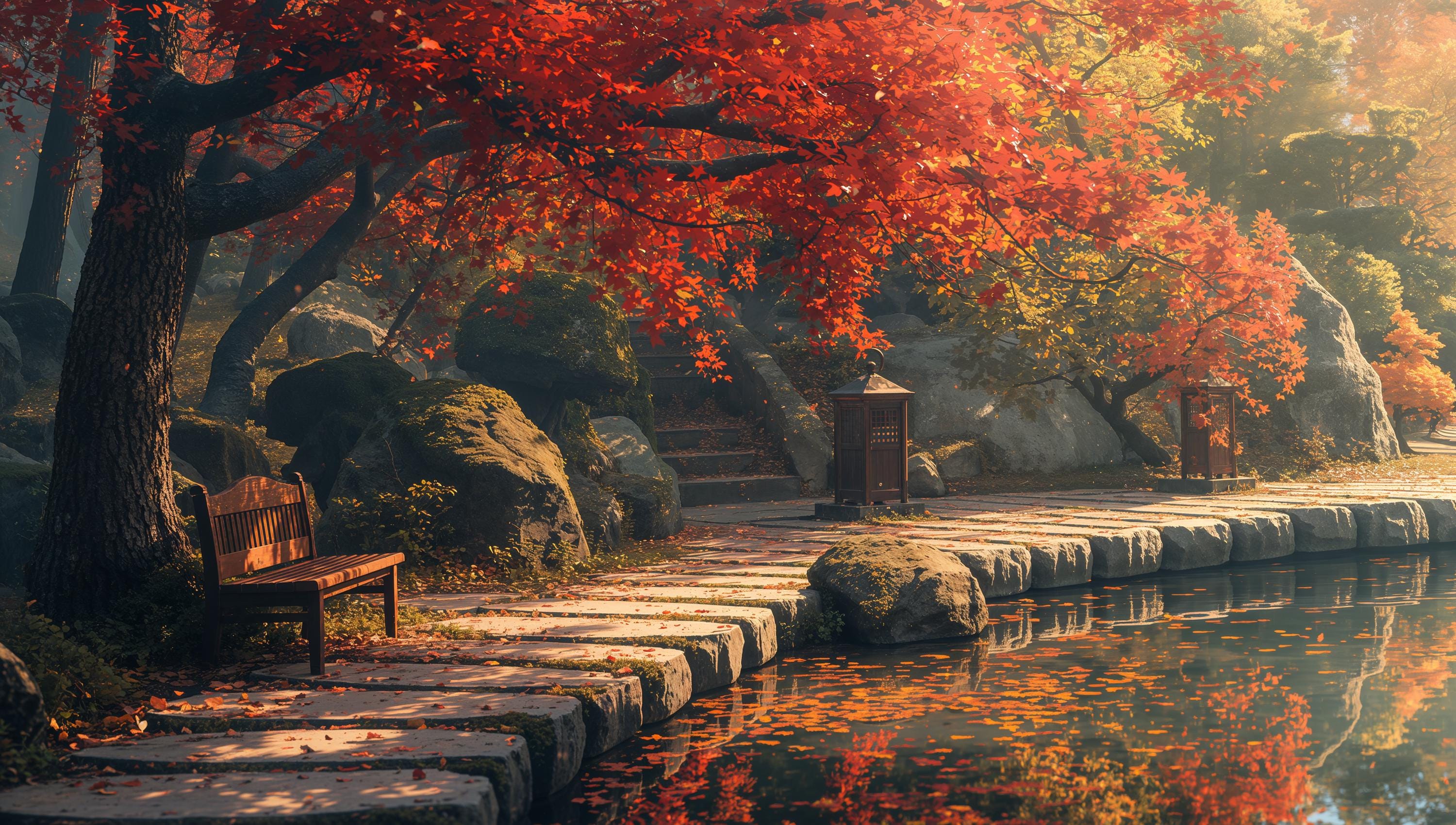 3000x1700 Autumn Anime Wallpaper: Lo Fi Japanese Garden 4K Background (digital Download)