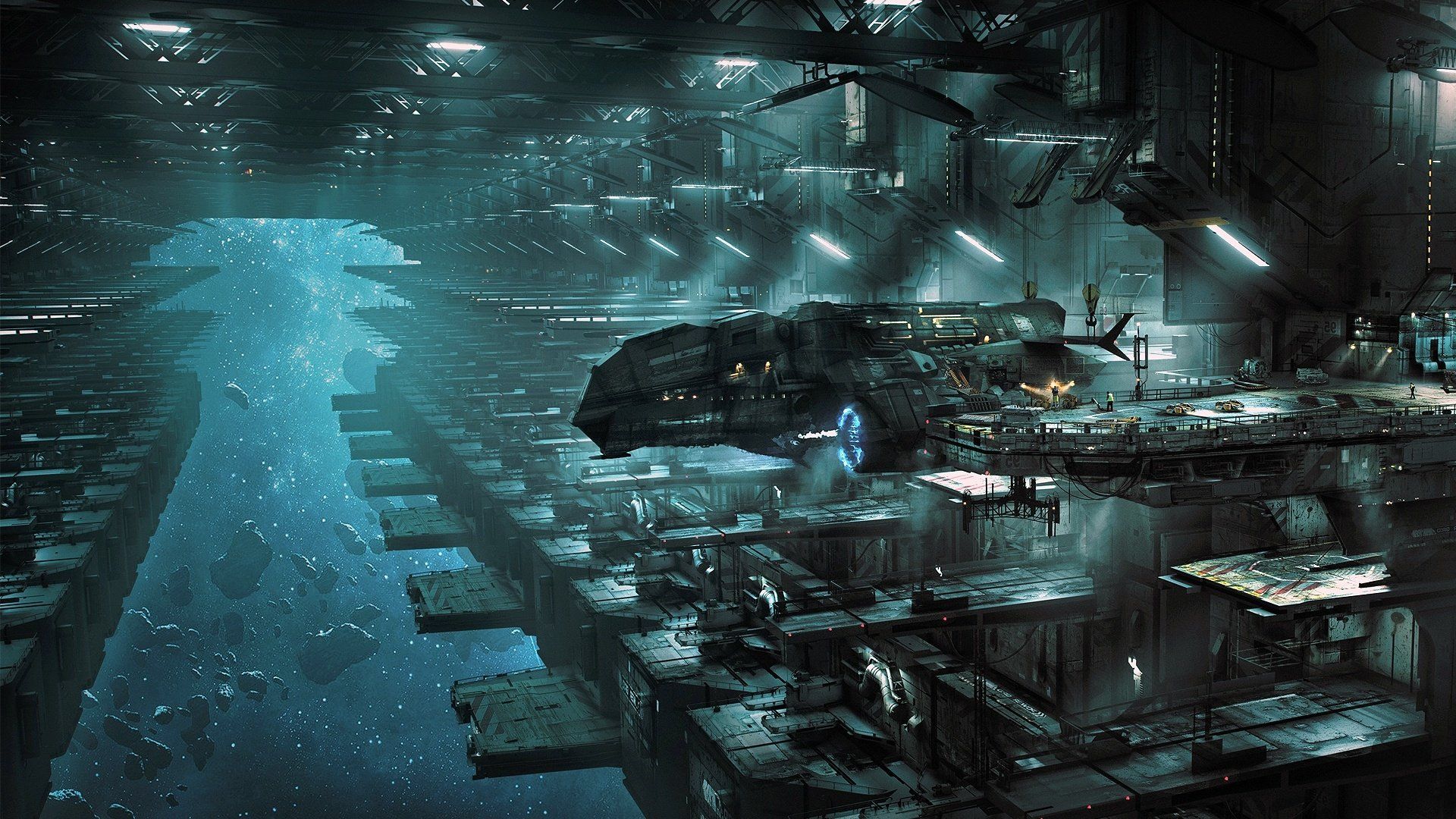1920x1080 Futuristic Spaceport HD: Sci Fi Spaceship Docking At The Galactic Station By Wojtek Fusx1080